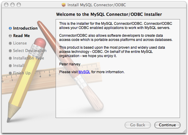Connector/ODBC Mac OS X Installer -
Installer welcome